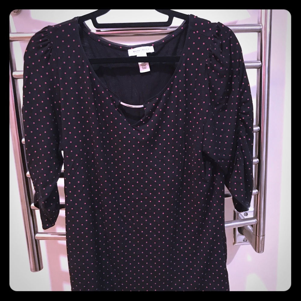 Black and pink polka dot top with rushed sleeves